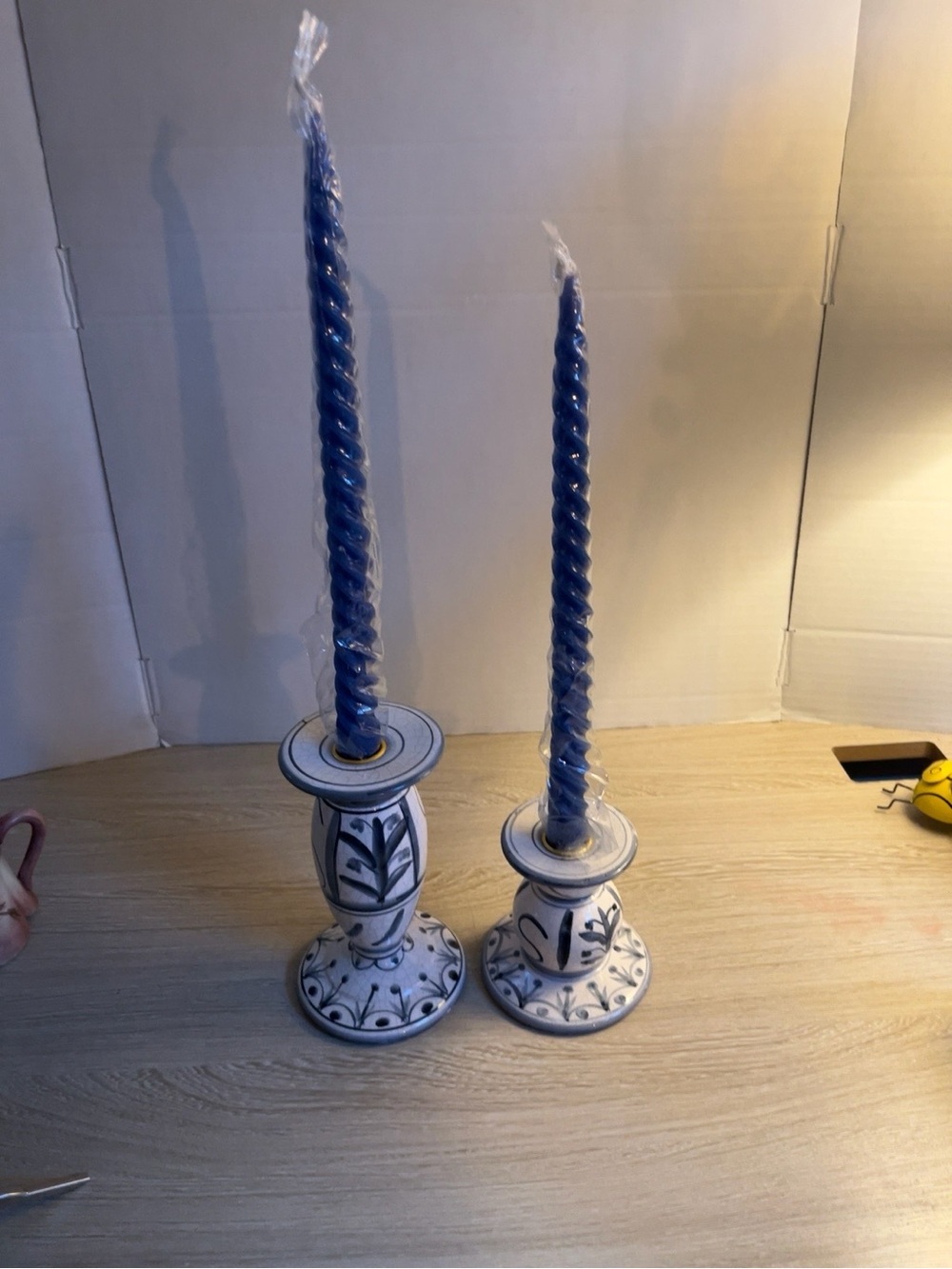Blue White Crackle Glaze Ceramic Candlestick Holders Set 2 Folk Art 6.5” 4.5”